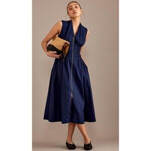 Anthropologie Shirt Dress Navy Tommie Smocked Front Zip Preppy Boho Size XS NWT